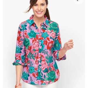 Talbots Sketched Blooms Button Front Cotton Shirt